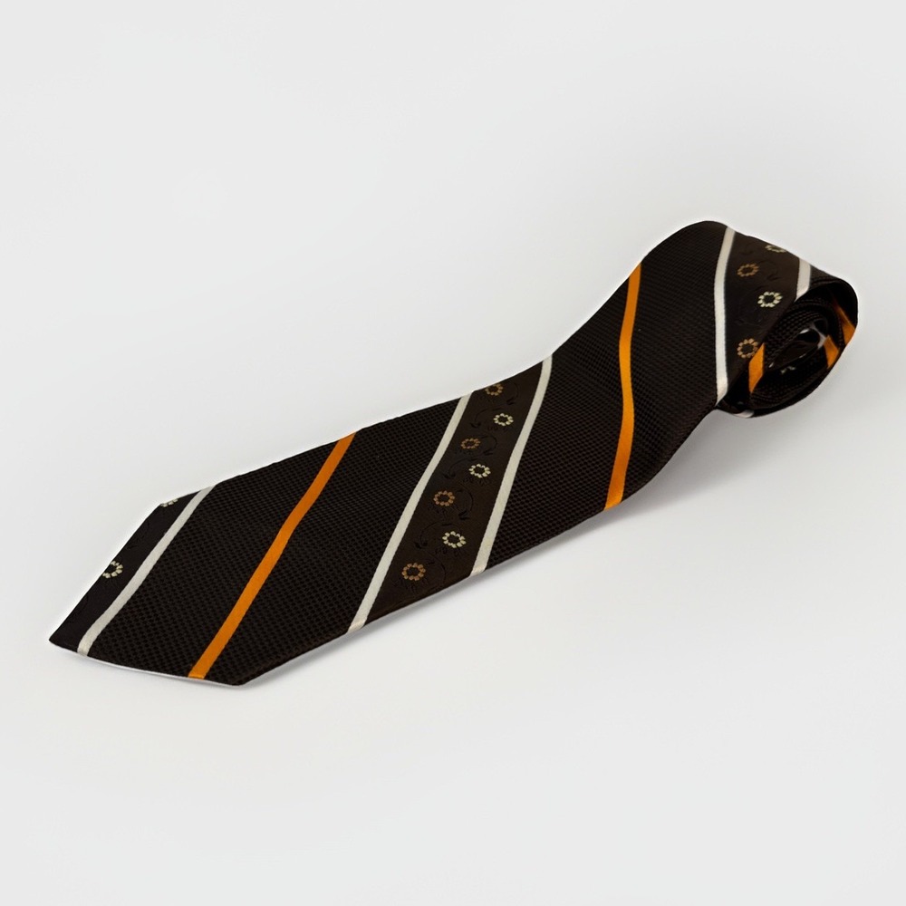Vintage Carnaval de Paris Mens Tie Brown Orange White Striped Floral Woven Retro